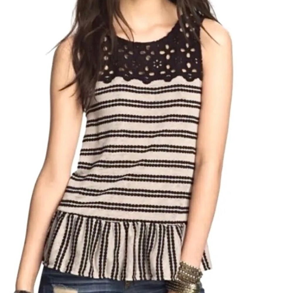 Free People XS Top Mollys Retro Peplum Tank Top eyelet ruffle black and cream